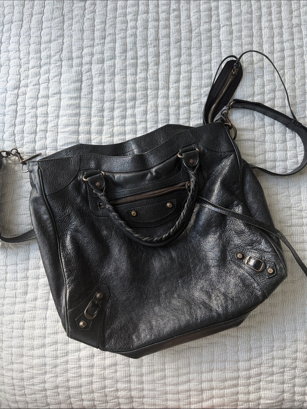 Balenciaga Black Leather Shoulder Bag with Braided Handles
